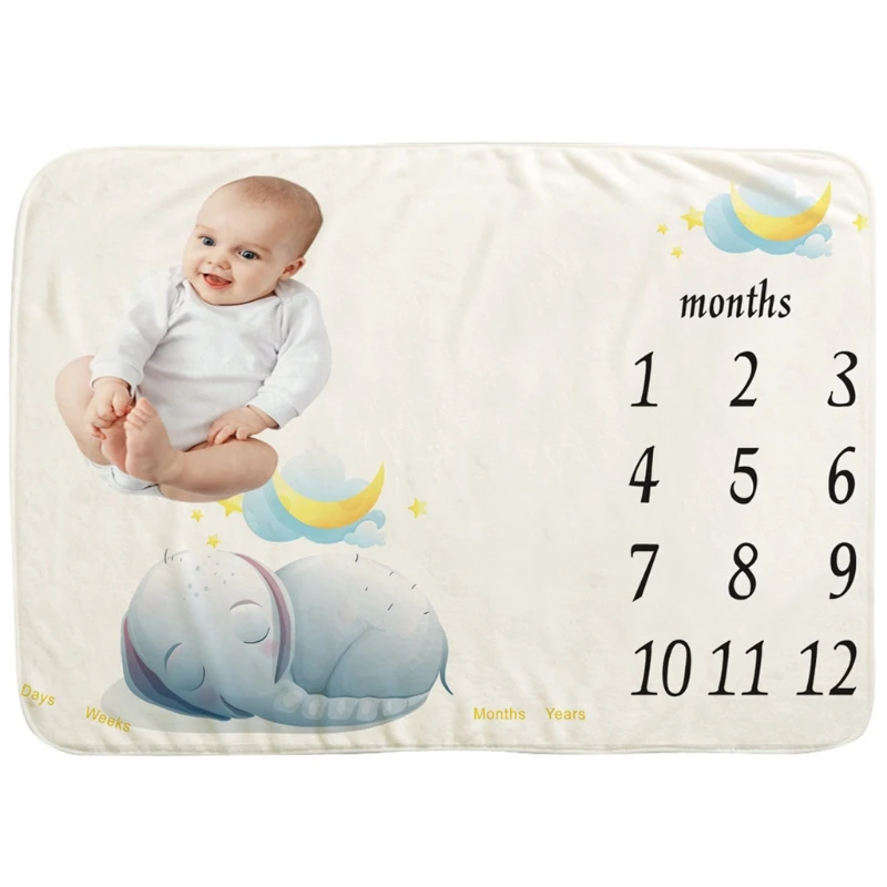 Baby Monthly Record Growth Milestone Blanket Newborn Soft Cartoon Elephant Flannel Wrap Photography Props Creative Background