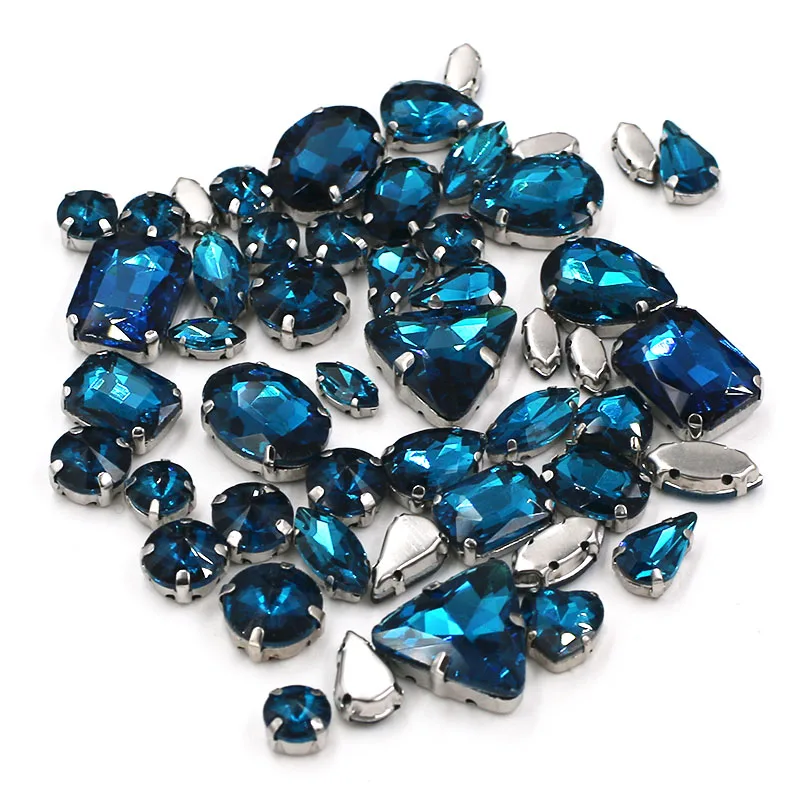 Sell at a loss! 50pcs/bag high quality mixed shape peacock blue glass crystal sew on claw rhinestonesdiy clothing accessories