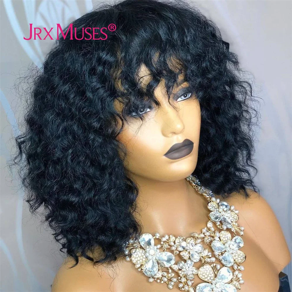 

Highlights Blonde Water Wave Human Hair Wigs with Bangs Full Machine Made Short Curly Bob Wig 99J Brazilian Remy Hair For Women