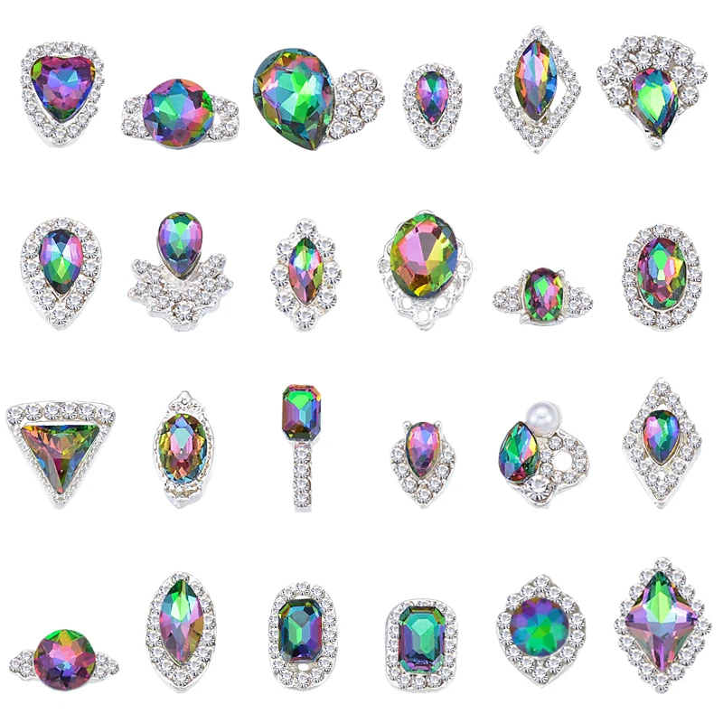 

100 Pcs Different Shapes Colorful AB Iridescent 3D Crystals Diamonds Large Rhinestones Bow Silver Metal Charms Gems Stones 98896