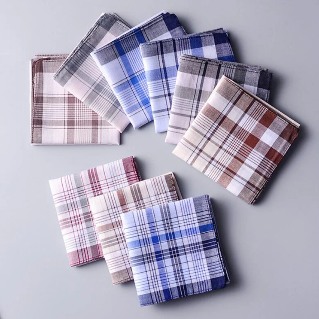 10pcs Cotton Men Square Plaid Handkerchiefs 38 x 38cm Classic Hanky Light Color Vintage Pocket Towel For Wedding Party