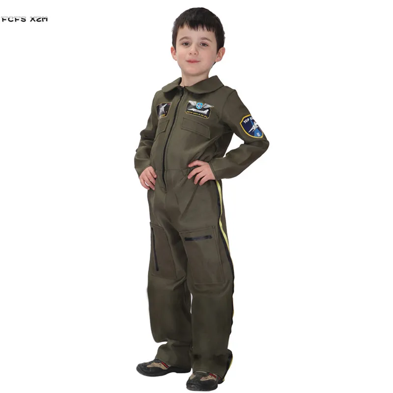 Olive M-XL Boys Pilot Uniform Cosplay Kids Children Halloween Policeman Special Forces Costume Carnival Purim Parade Party Dress