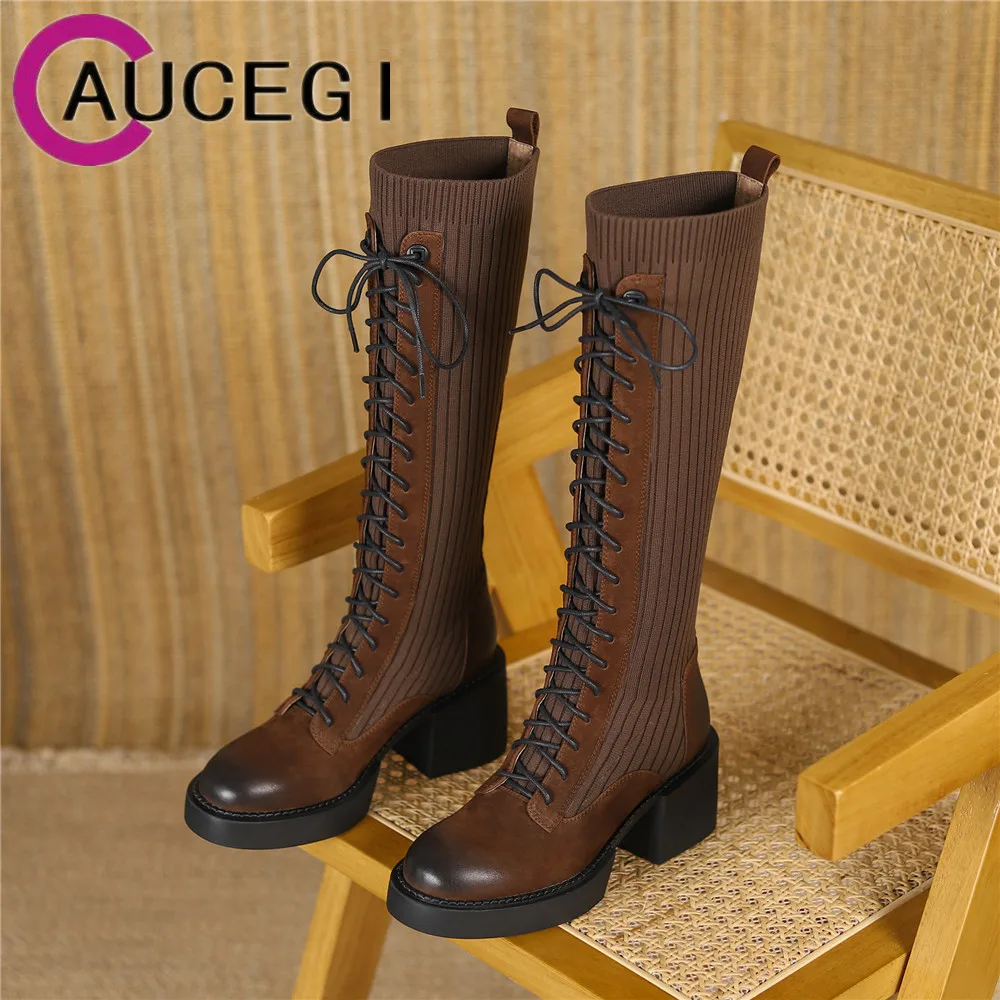 

Aucegi Women 2022 New Knitting Sock Knee High Boots Sexy Designer Platform Chunky Heels Casual Round Toe Corss Tied Shoes