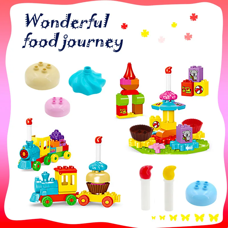 Train Food Journey Bricks Cake Bread Cart Trailer Accessories Assemble Toys DIY Big Size Building Blocks for Kids