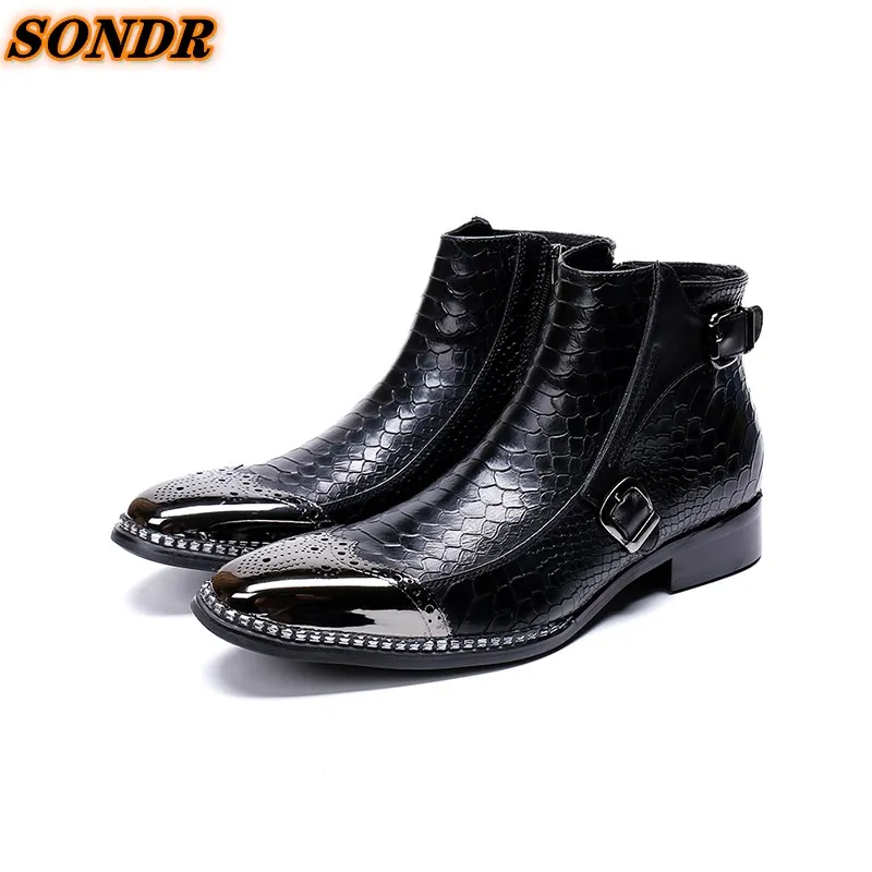 

Chaussures Homme Fashion Genuine Leather Men's Ankle Boots Iron Toe Handmade Snake Skin Buckle Strap Man Cowboy Dress Shoes