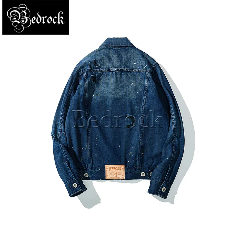 MBBCAR  ripped jacket for men patch splash-ink selvedge denim jacket Amekaji American vintage heavy one washed jeans jacket 370