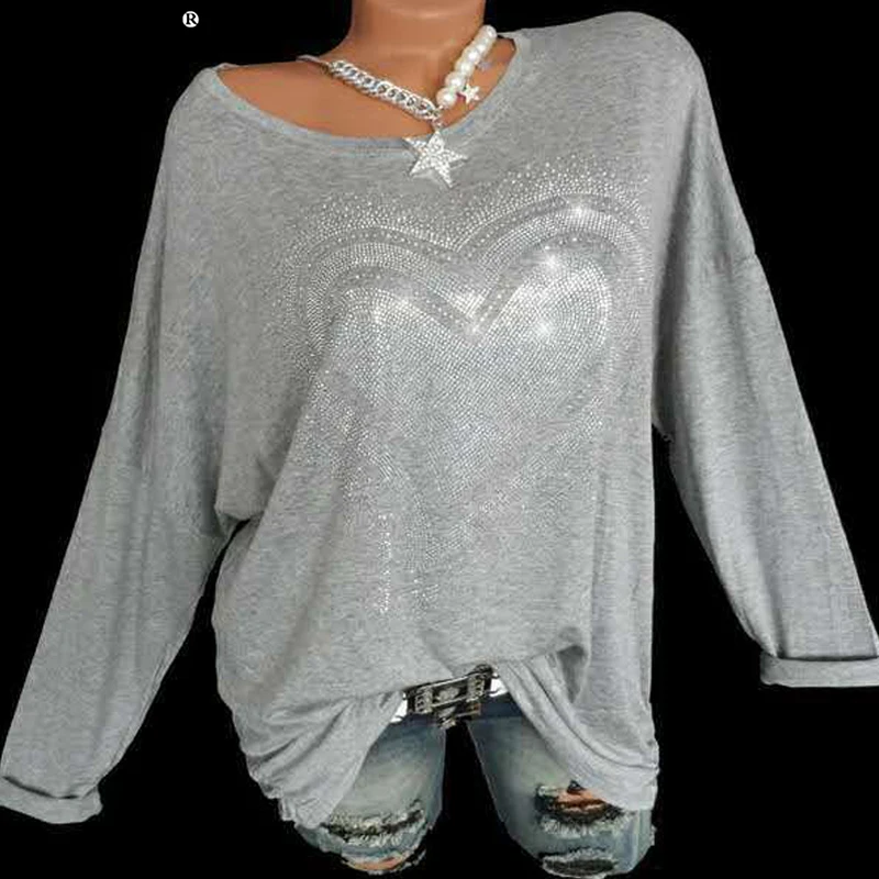 2022 New Autumn Fashion Pearl Beading Love Print Tops Oversize Female Long Sleeve Casual Loose T-Shirt Women Elegant Tees Shirt