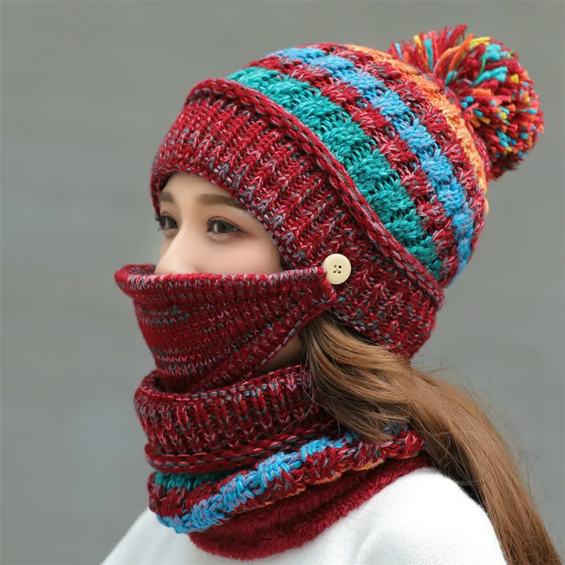 

H7517 Girl Neck Mask Hat Three Pieces Women Winter Riding Windproof Face Protection Thick Warm Cap Female Fashion Outdoor Scarf