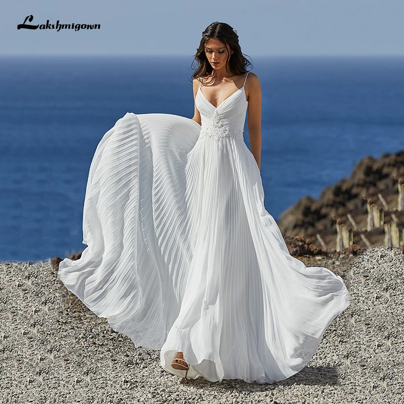 

2023 Boho Wedding Dresses Spaghetti Straps Backless Chiffon Beach Wedding Gowns Bride Dress Plus Size Sweep Train Robe de Mariee