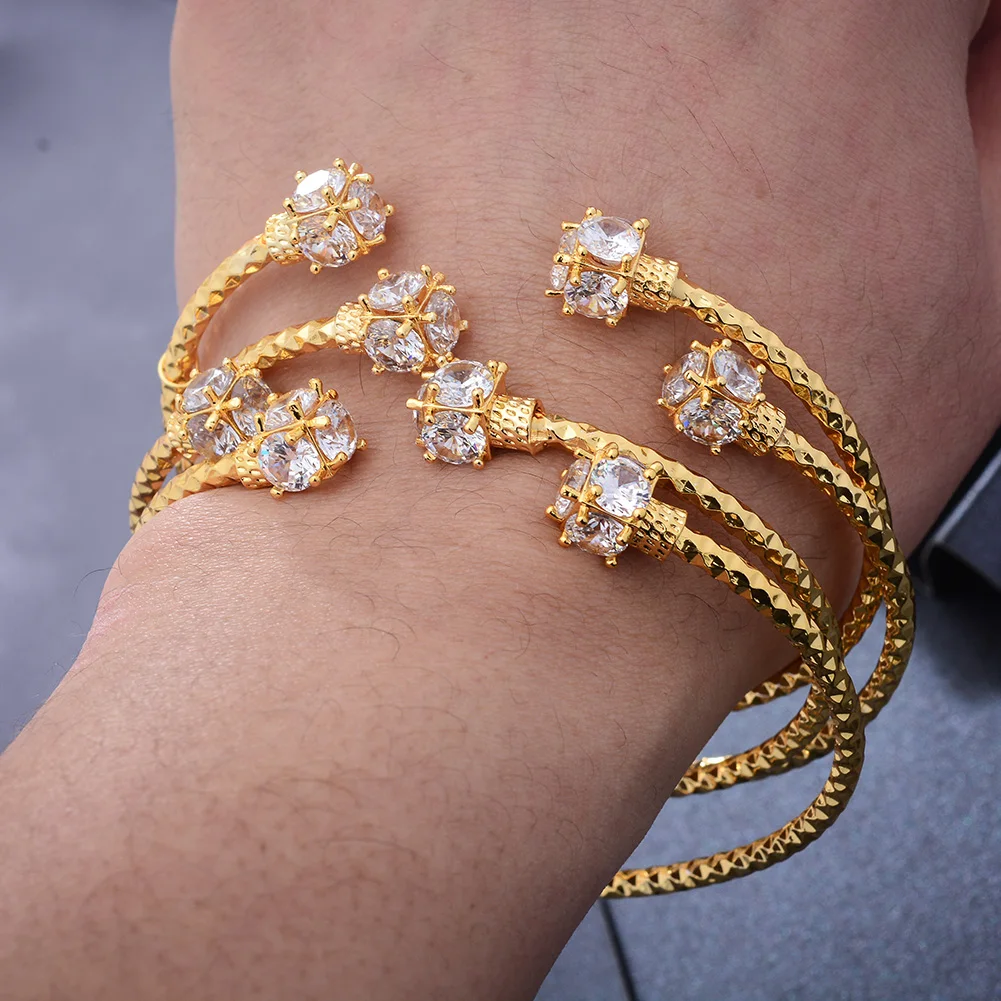 Free Size Ethiopian Zircon Gold Bangle for Women Wedding Bride Bracelets Gold Color Jewelry Middle East African Bride Gifts