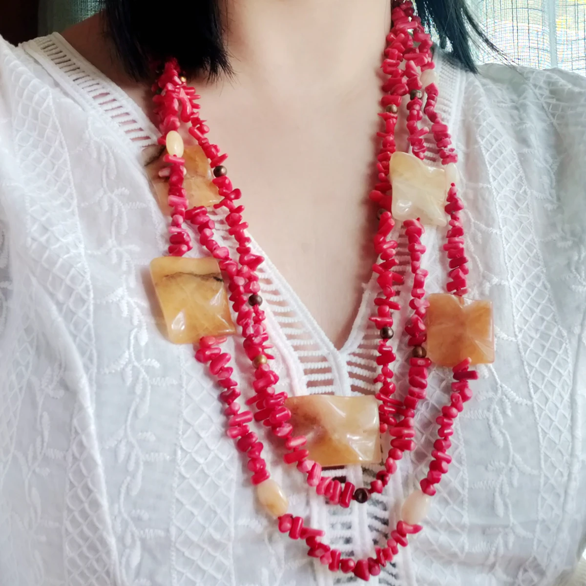 

Lii Ji Red Necklace Red Coral Yellow Jades Pearl Mutil Strands Statement Long Necklace Women Jewelry 73cm