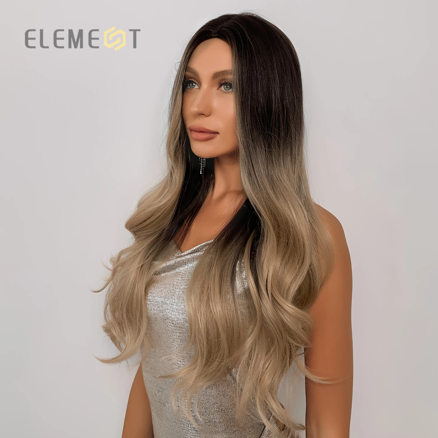 Element New Long Wave Wig Women Ombre Black Blonde Wig For Woman Top Synthetic Heat Resistant Cosplay Party Fashion Hair Wigs