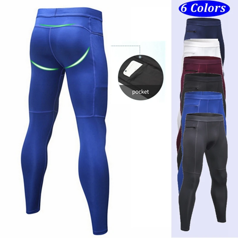 Compression Tights Mens Running Legging Gym Training Joggings Sportswear Sports Pants with Pocket Skinny Trousers Soccer Pants