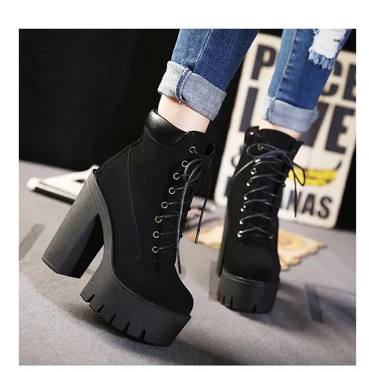 Sexy Fashion Spring Autumn Platform Ankle Boots Women Lace Up Shoes Thick Heel Platform Boots Ladies Worker Boots Black Big Size