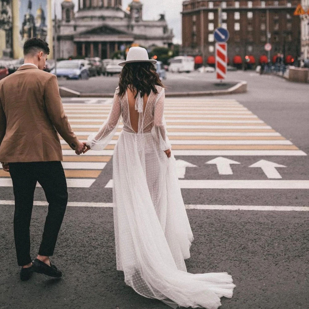 Real Photo Transparante Stippen Tulle Bruidsjurken Lange Mouwen Custom Made Een Lijn Strand Hoge Split Boothals Bridal jurk