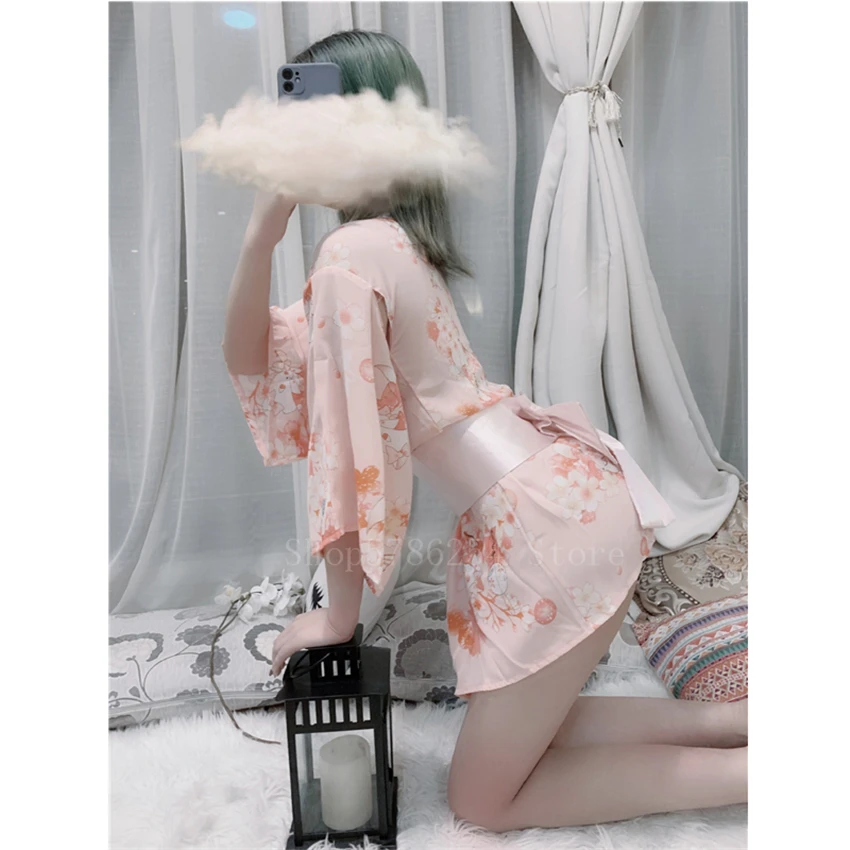 Sexy Woman Japanese Yukata Sleepwear Lovely Anime Printed Kimono Bathrobe Lady Elegant Short Chiffon Lingerie Nightgown