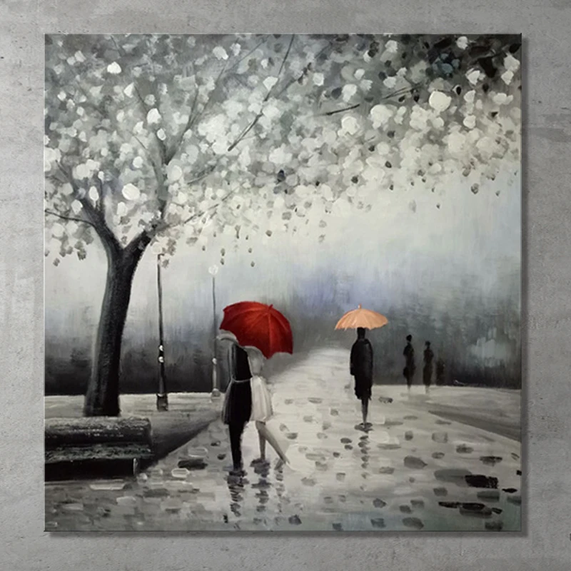 

Hand Painted Landscape Oil Painting ,Autumn Rainy Day Street Lovers Kiss Under Umbrella Canvas,Art Wall Mural Picture (No Frame)