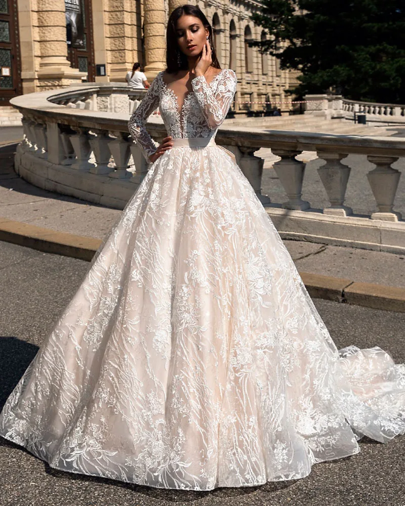 Robe De Mariage Long Sleeve Wedding Dress Backless Luxury Hochzeitskleid Appliques Tulle Princess Vestidos De Noiva Bridal Gowns