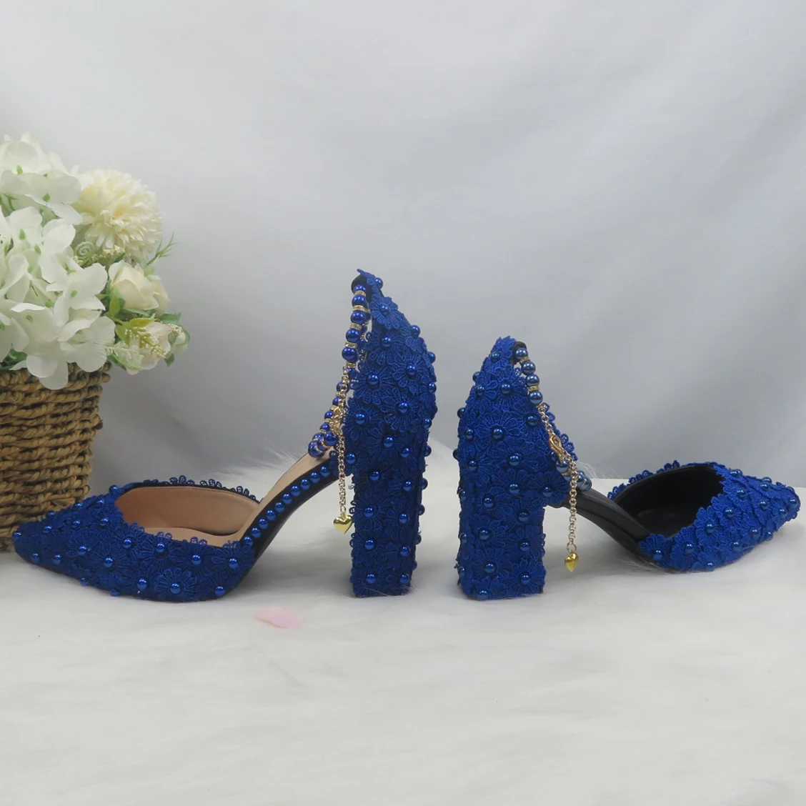 BaoYaFang Royal Blue Beads Flower Strap wedding shoes Bride Pointed Toe Square Thick High Heel Party dress shoes and bag set