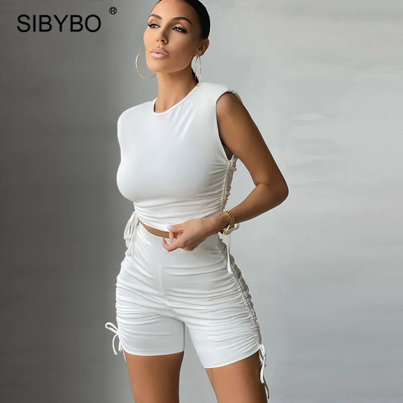 Sibybo Summer Biker Shorts 2 Piece Set Causal Outfits Women Shoulder Pad Tops And Shorts Suit Female Spring Sport Loungewear Set