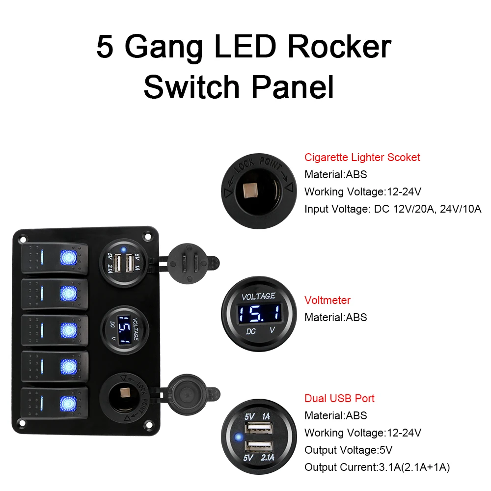 12/24V Outlet Combination 5 Gang LED Rocker Switch Panel Dual USB Slot Socket Digital Voltage With Fuse Waterproof