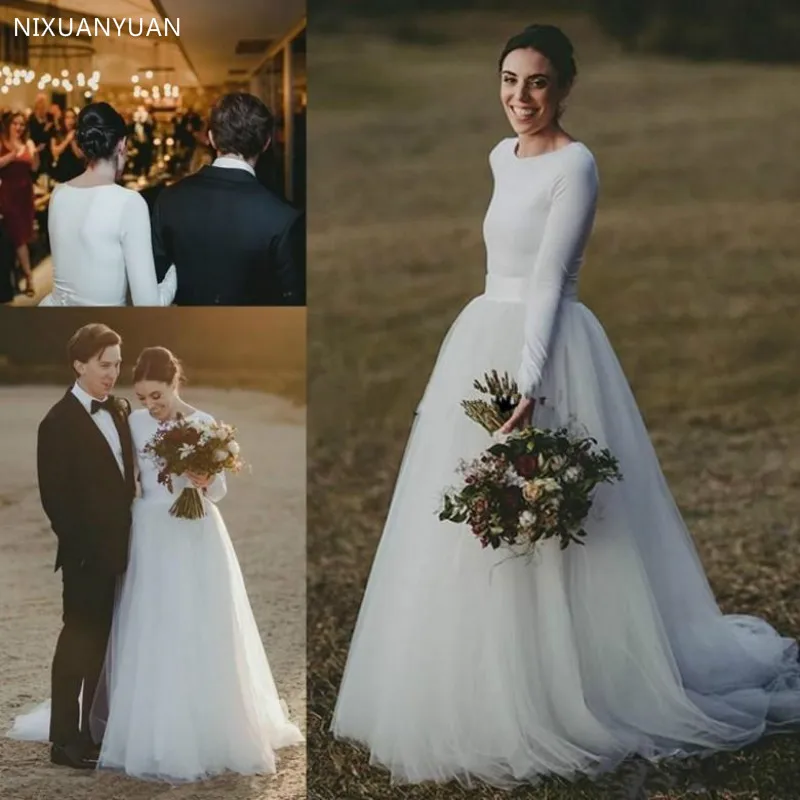 

Simple Country Wedding Dresses Long Sleeve Cheap Soft Tulle A-Line Wedding Dress Wedding Gowns Custom Made Bridal Gowns
