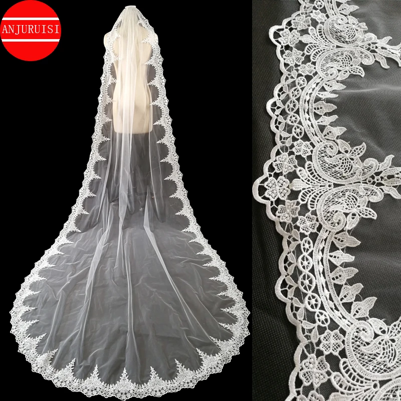 

Long Cathedral Velos De Novia Lace Wedding Veil Accessories with Metal Comb One Layer Bride Largos Mariage Welon Slubny 2022