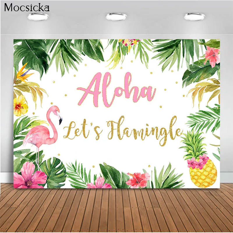 MOCSICKA Aloha Floral Birthday Party Background Hawaiian Flamingo Photography Background Beach Blue Sky White Clouds Banner