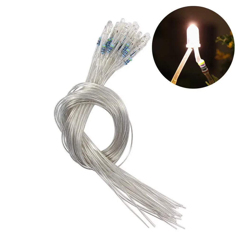 

Evemodel 20pcs Pre-wired 3mm LEDs Warm White Lamp Light 30cm Clear Wire L12303WM