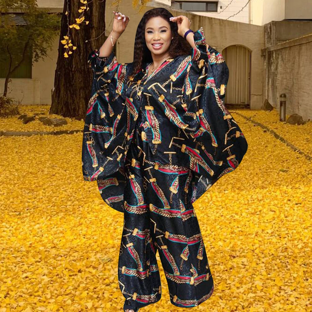 Summer New Women Fashion African Two Pieces Set Printing Bat Sleeve Blouse Shirt and Wide Leg Pants Ladies Outfits Nigeria