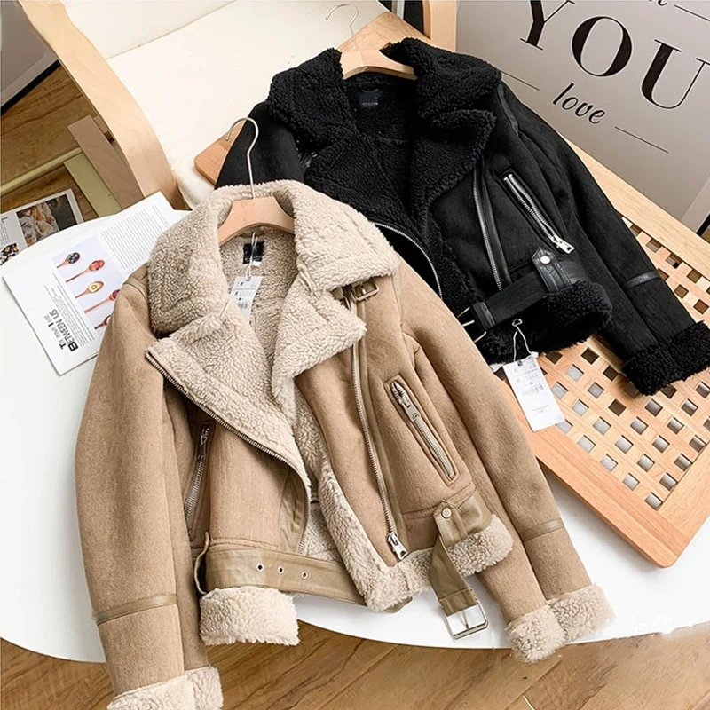 FMFSSOM Winter Vintage Suede Lamb Jacket Women gruby ciepły Moto Bike czarna kurtka damska, ze wstęgą Faux Leather znosić z paskiem