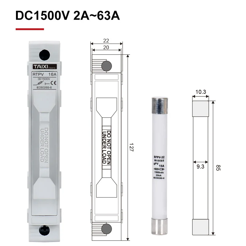 RTPV Solar Photovoltaic DC Fuse 1A To 63A Guide Rail Mounting 1500V PV Direct Current Fuse Holder Only Fuse 1038 1085 1451