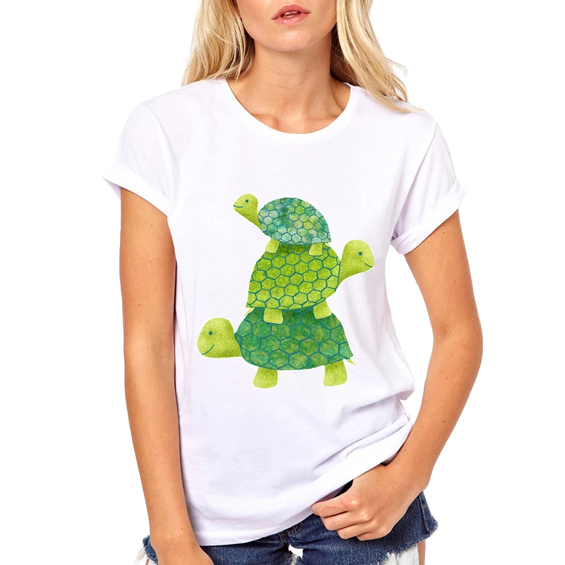 Funny Stack Tops Tee Cute Animals New Women T Shirt Brand Cartoon Tortoises Print T-shirt Designer