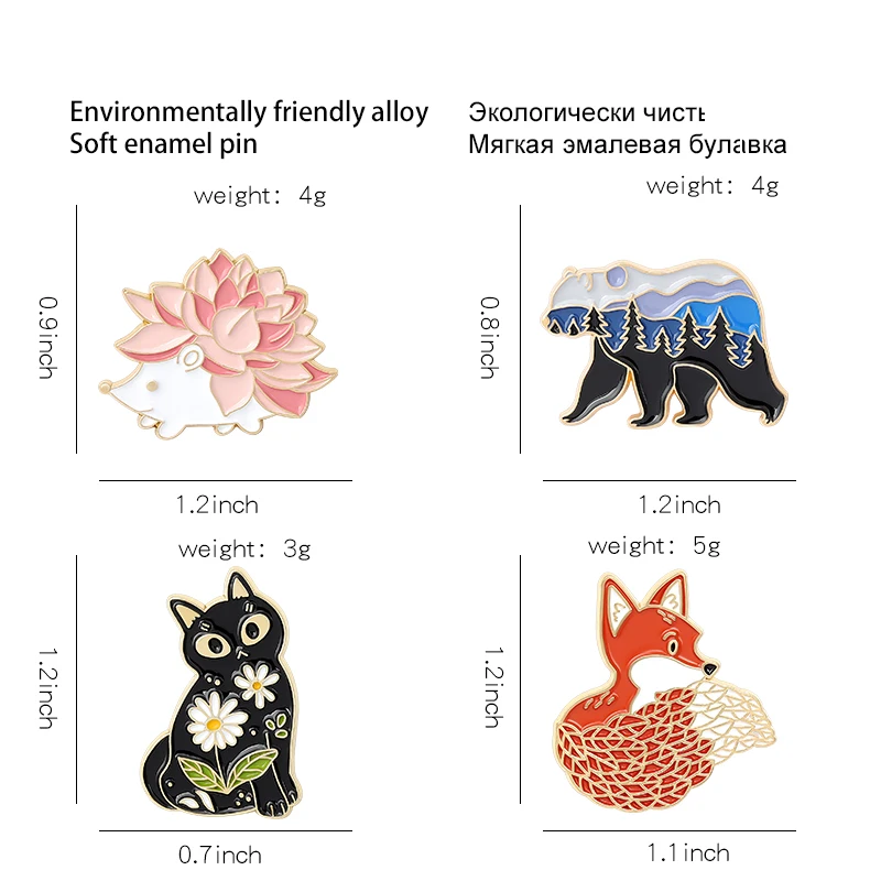 Pin esmaltado de animales, alfileres de dibujos animados con diseño de paisaje, flor, tatuaje, erizo, zorro, oso, gato, insignias de solapa, regalos