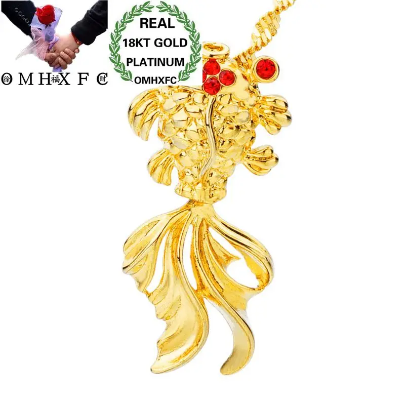 OMHXFC Wholesale European Fashion Woman Man Unisex Party Birthday Wedding Gift Goldfish Zircon 18KT Real Gold Charm Pendant PN95