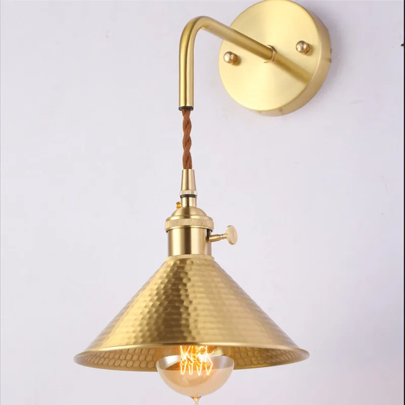 American brass sconce minimalist cone wall lamp e27 bedside bedside restaurant bar cloakroom industrial rustic light