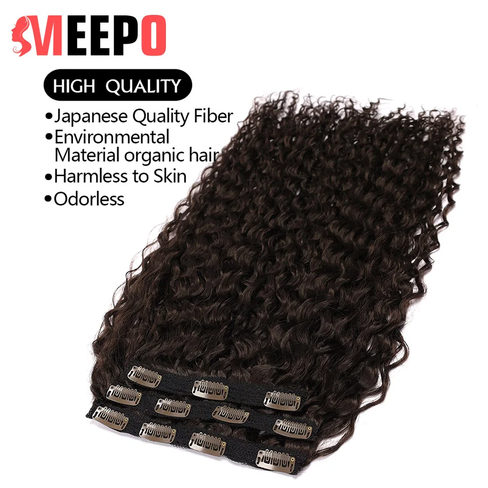 Meepo Long Jerry Curly Synthetic Clip In Hair Extensions Naturalne treski 4 szt. Pełna głowa Organiczne w sztucznych włosach Afro loki 28”