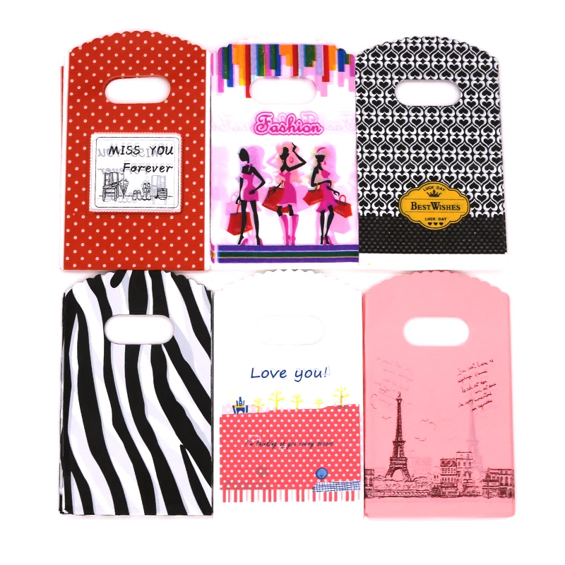 

New Jewelry Bag Wholesale 100Pcs/Lot 9x15cm Mini Plastic Jewelry Packaging Bags Pouches Multi Designs Candy Gift Cag With Handle