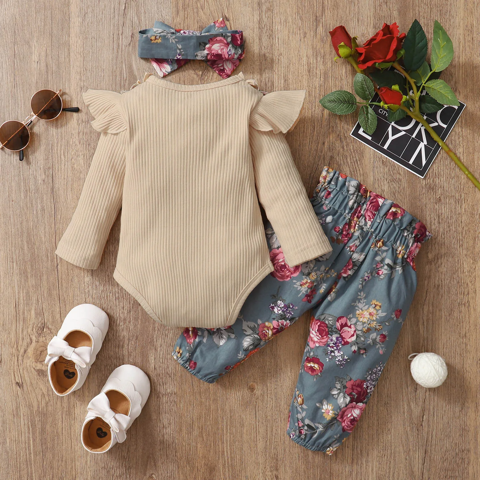 3 pçs do bebê recém-nascido meninas roupas babados com nervuras bodysuit + floral calças conjunto bebê crianças roupas outono menina 6 12 18 24 meses