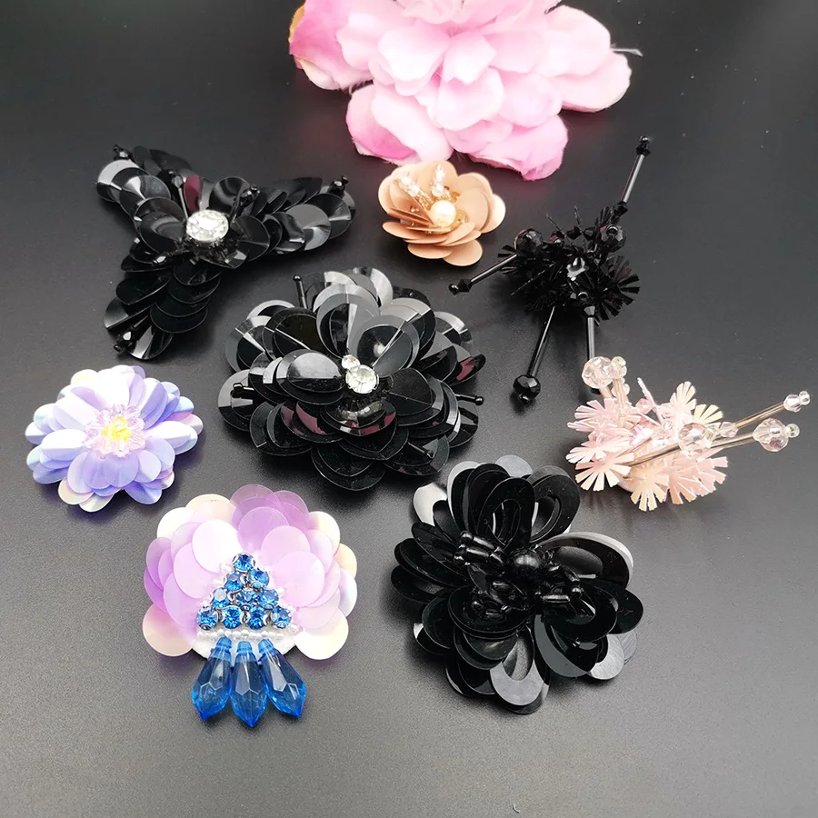 10 Pieces 3D Handmade Small Flower Sequin Appliques Diy Sewing On Patches For Clothing Beading Black White 2 3 4 CM 1 Inch Large