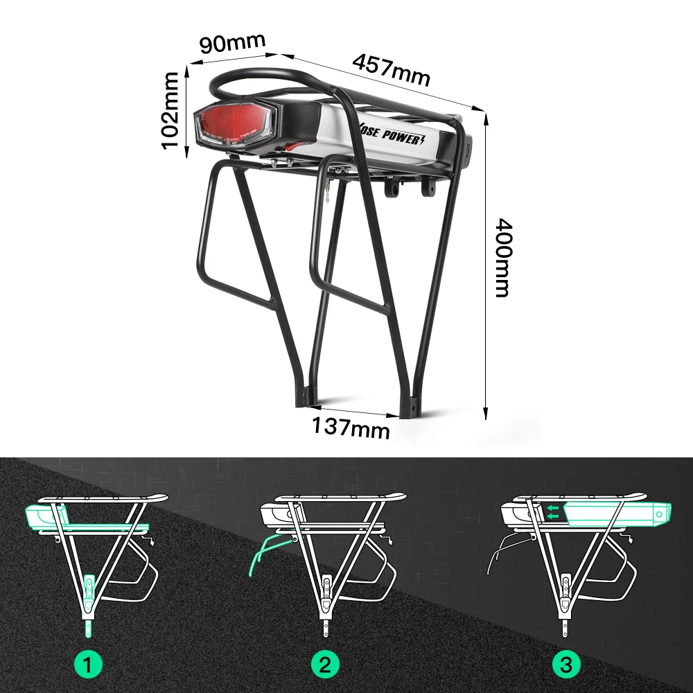 Electric Bike Rear Rack Ebike Battery 48V 36V 13Ah with Black Carrier fit for 26