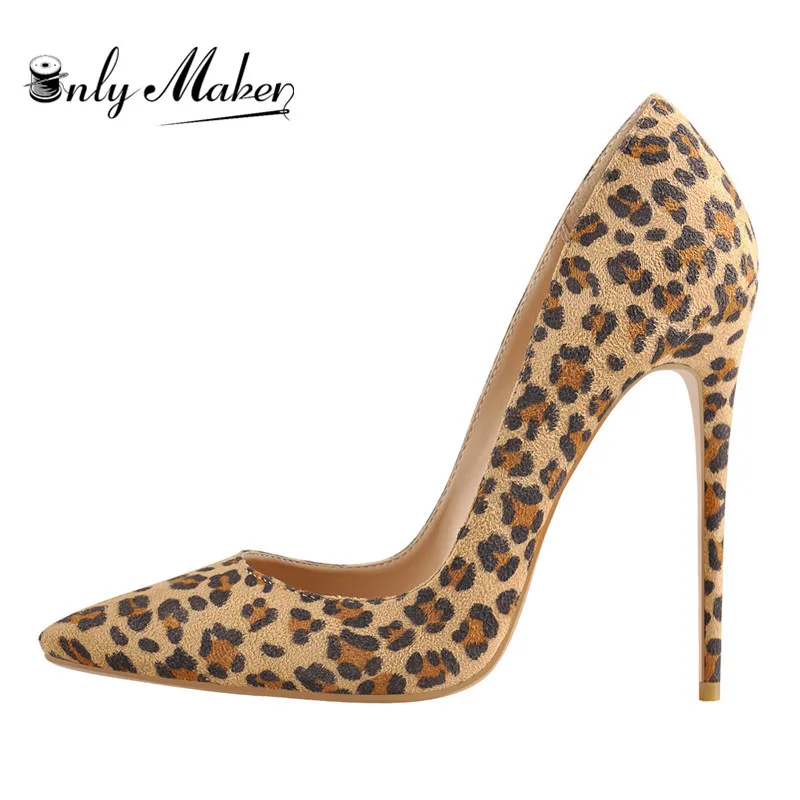 Onlymaker Women   Pointed Toe 12CM High Heel Flock Slip On Sexy Leopard Stiletto Pumps Large Size Lady Shoes