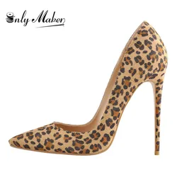 Onlymaker Women   Pointed Toe 12CM High Heel Flock Slip On Sexy Leopard Stiletto Pumps Large Size Lady Shoes