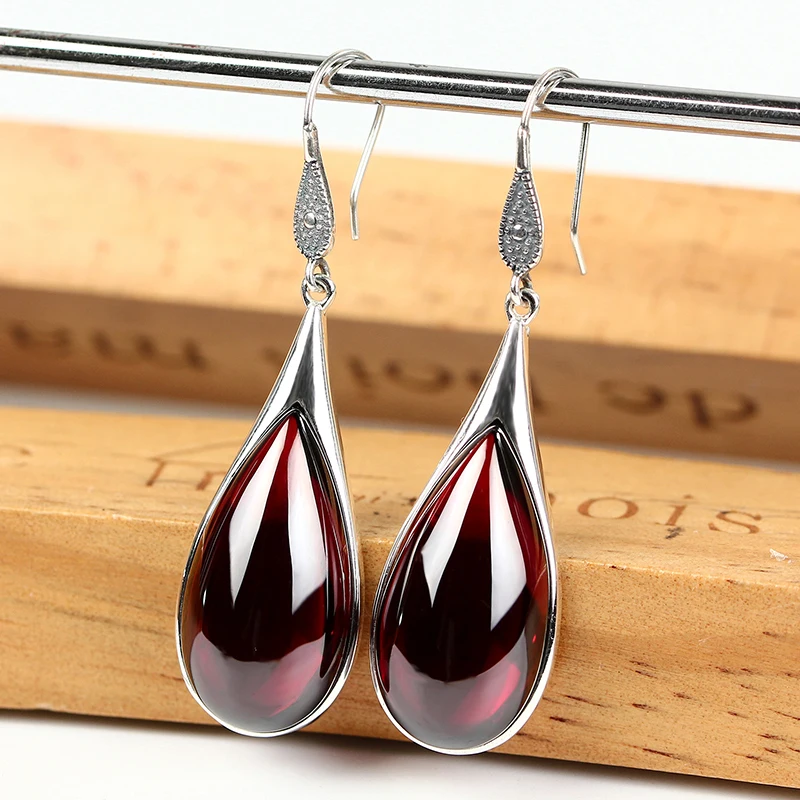 

ZHJIASHUN 100% 925 Sterling Silver Natural Gemstones Garnet Earrings For Women Vintage Chalcedony Agate Earring Silver Jewelry