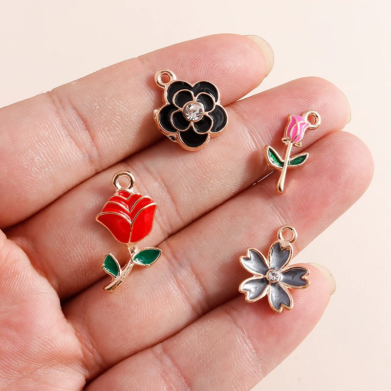 10pcs Enamel Flowers Charms Cute Rose Sakura Charms Pendants for Necklace Bracelet DIY Jewelry Making Accessories