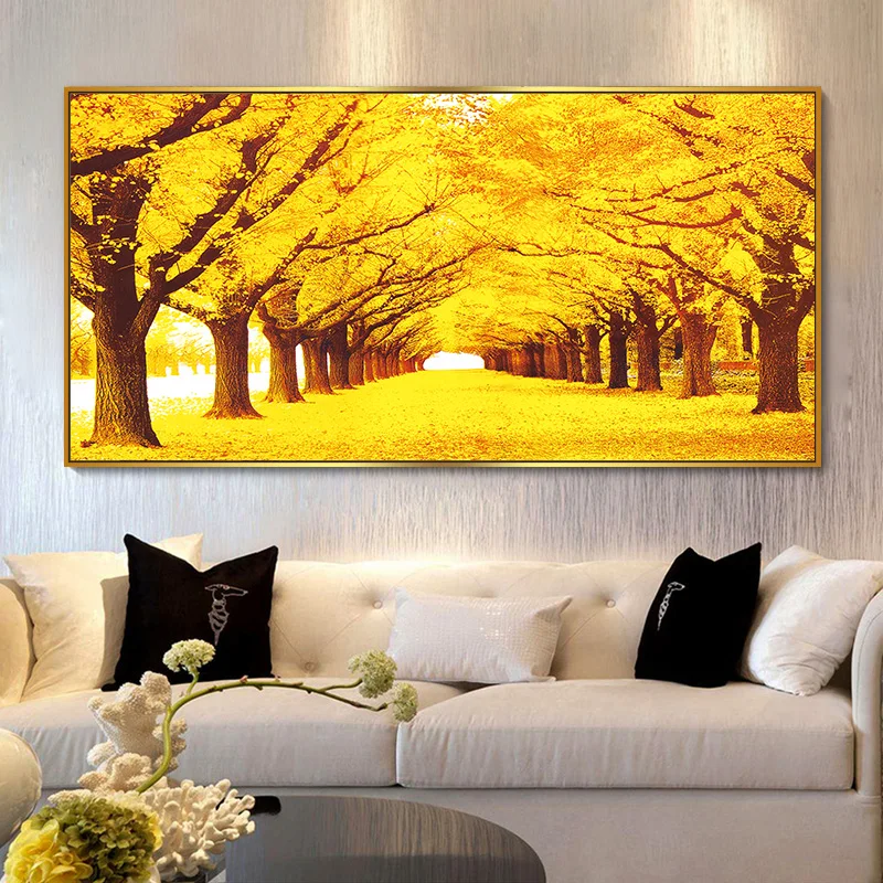 New Chinese Golden Mile Canvas Painting Wall Art Yellow Gold Tree Road Posters Prints for Living Room Bedroom Decoration Cuadros