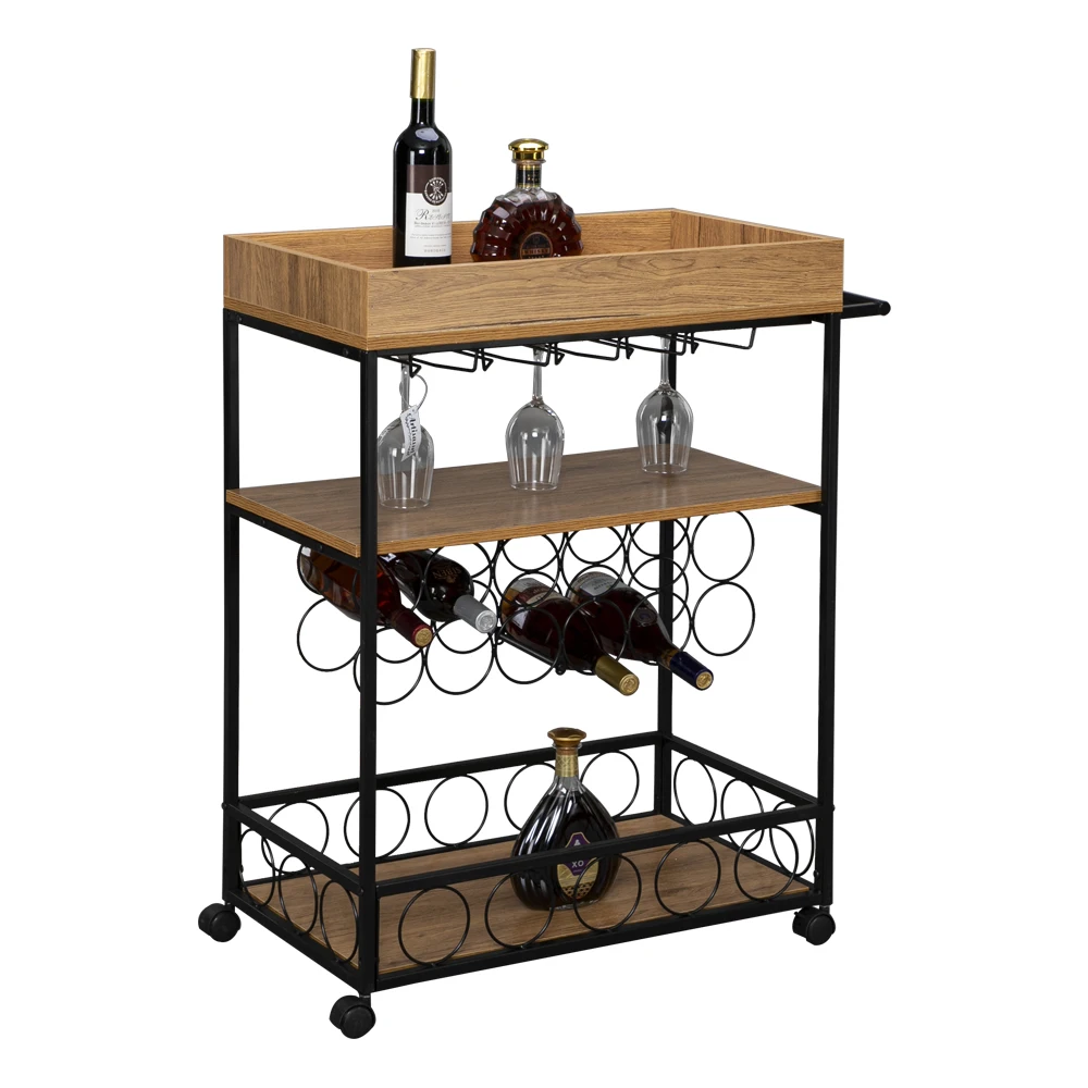 Industrial Wine Rack Cart Kitchen Rolling Storage Bar Wood Table Serving Trolley Bar Cart