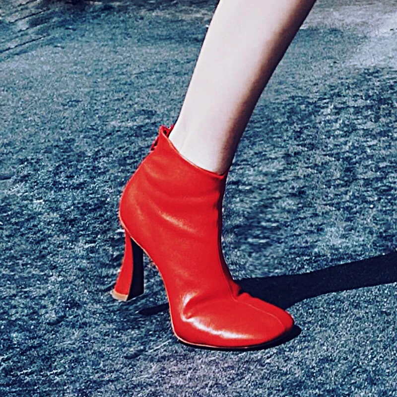 

Toe British Style Square Ankle Boots Women Brand Elegant Office Thick High Heel Boots Fashion Genuine Sheepskin Red Booties