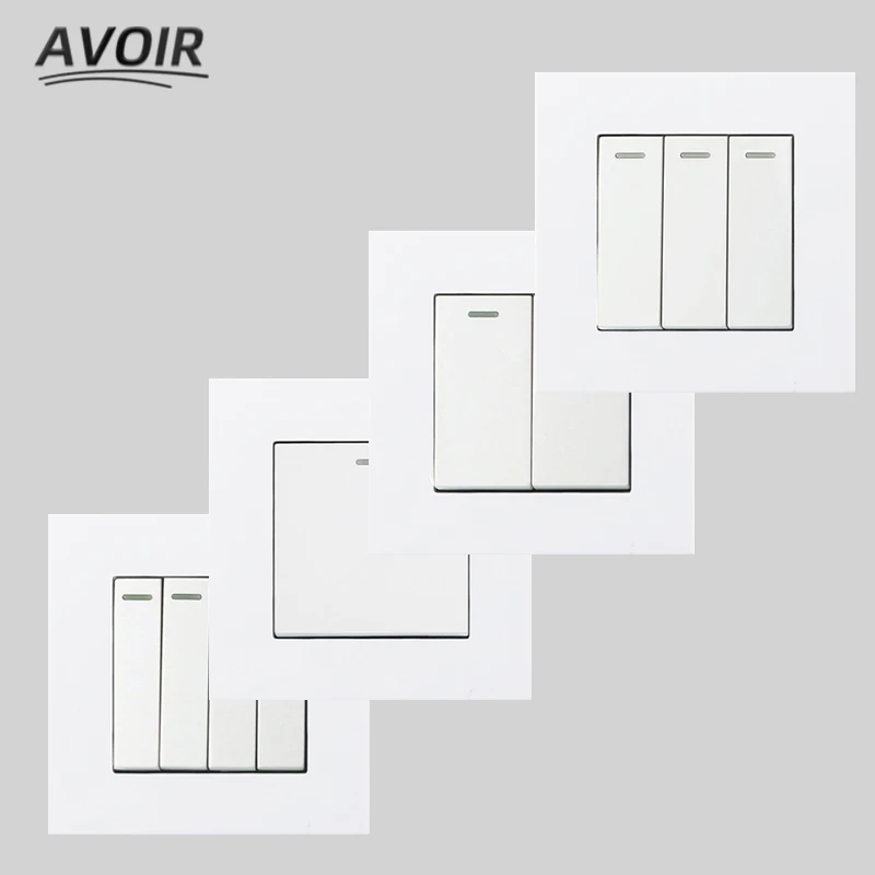 Avoir Wall Light Switch PC Plastic Panel White Rocker Switch 1 2 3 4 Gang 1 2 Way Push Button Switches For Home 86mm x 86mm 220V