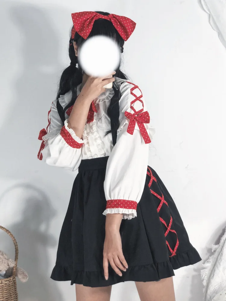 Japanese student sweet lolita sets peter pan collar bowknot lolita shirt+falbala strap skirt kawaii girl gothic lolita sets loli